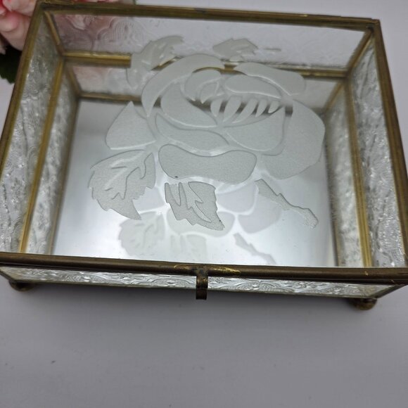 Vintage Glass Mirrored Jewelry Trinket Box Etched Rose Brass Mid Century - Picture 2 of 14